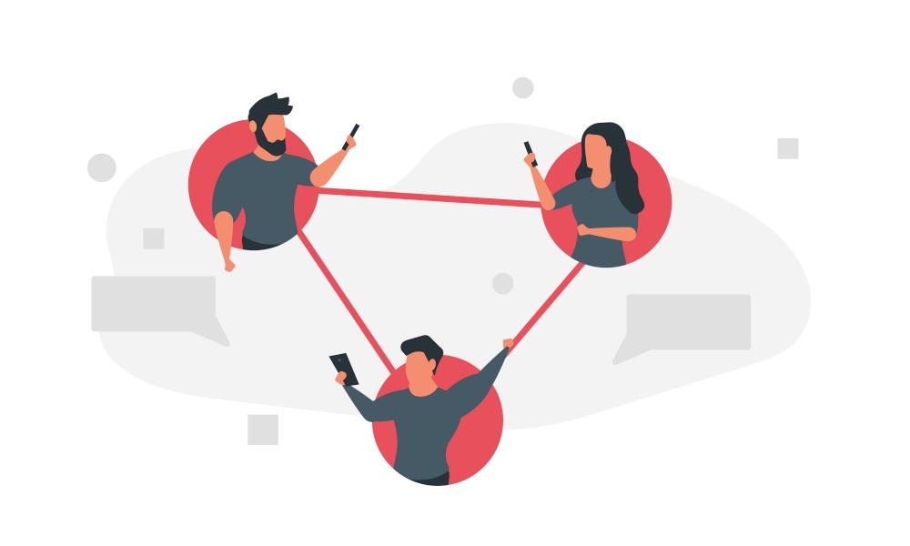 Connected people social network together. Man and woman communicate with gadgets online. Fast and easy communication concept vector illustration