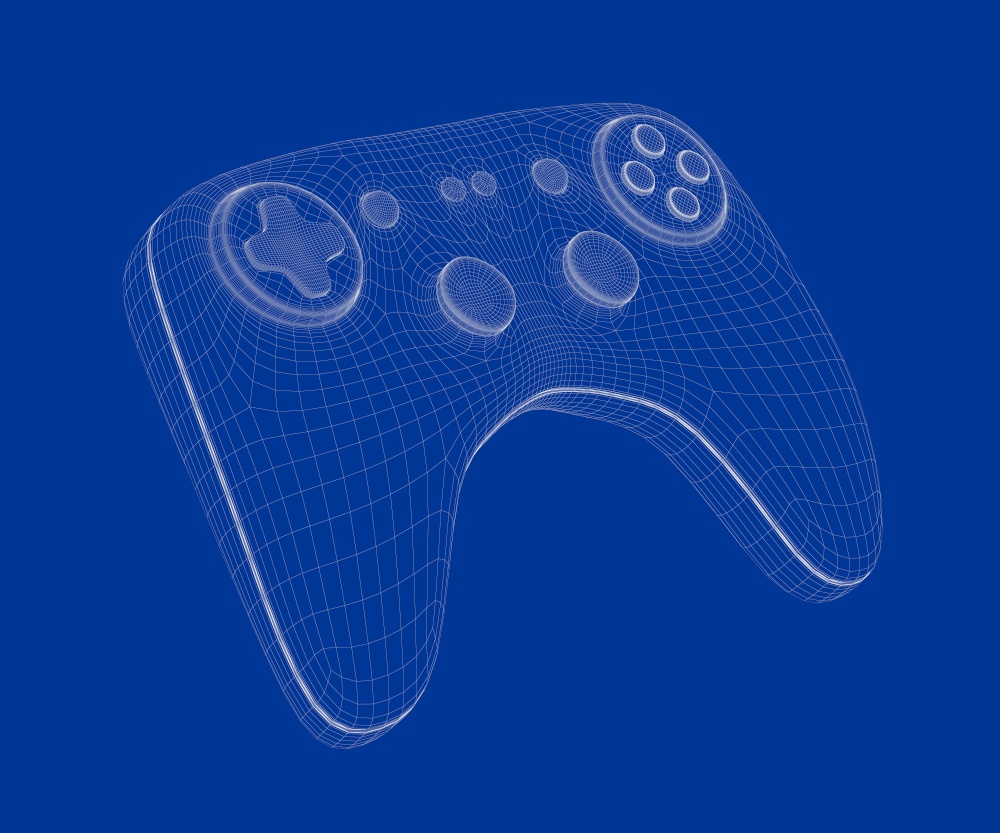 3d wire-frame model of game controller on blue background