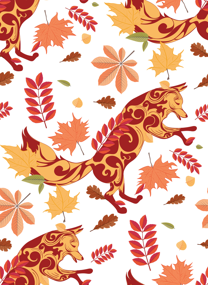Stylized ornamental fox in a jump pose with autumn leaves illustration.