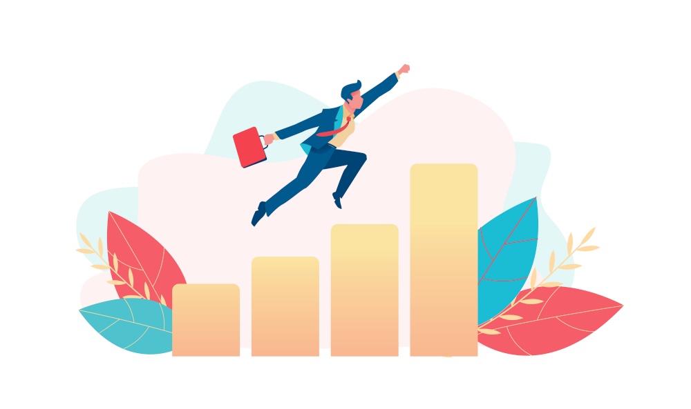 Businessman flies up over growing chart. Metaphor of successful promotion, sales growth. Business opportunity concept. Flat vector illustration