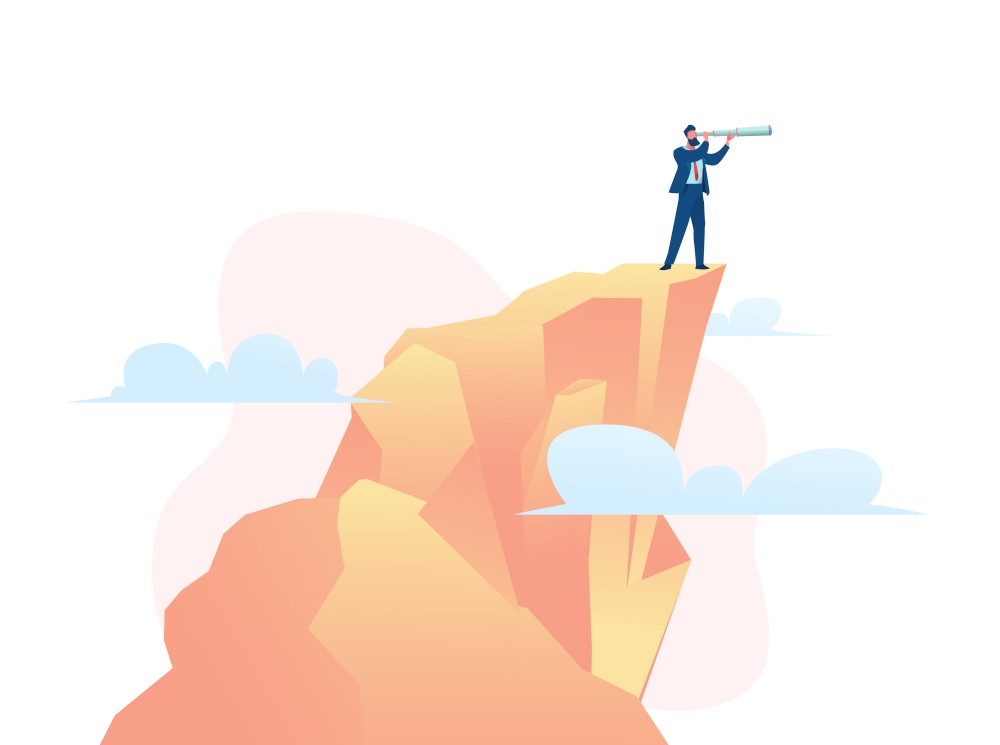 Leader of business team is standing on top of mountain, looking through spyglass. Opportunity search metaphor. Flat vector illustration