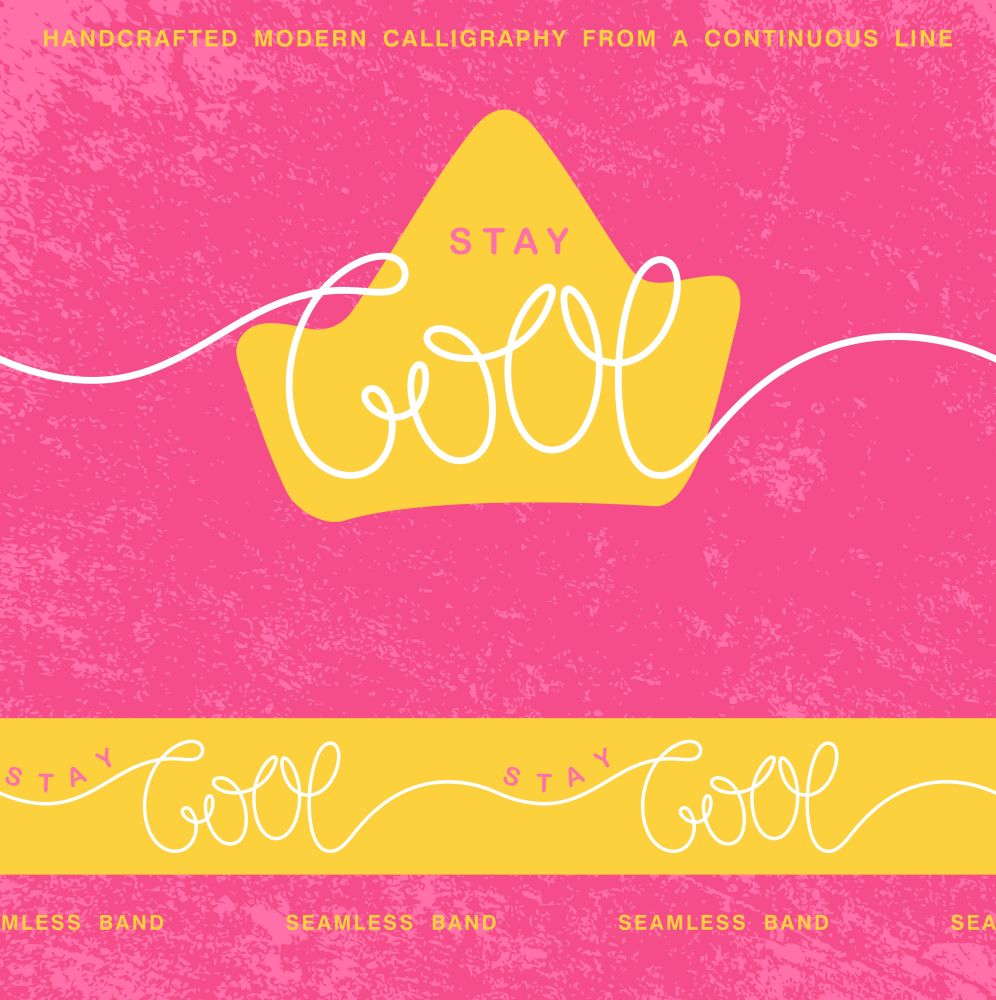 Stay cool. Continuous linear calligraphy label and seamless ribbon with minimalistic inscription composition. Vector one line handwritten badge. Stay cool. Continuous one line calligraphy label and seamless ribbon. Vector one line handwritten badge