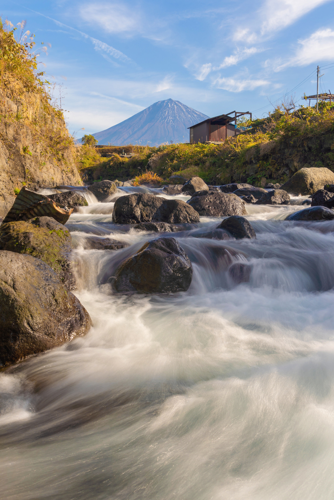 Fuji Mountain and waterfall with stones at Shiba River. Nature landscape background. it is located in Japan in travel trip on holiday and vacation background.