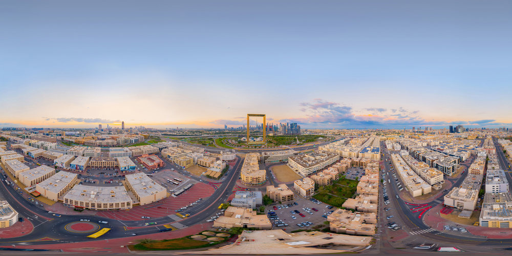 360 panorama by 180 degrees angle seamless panorama of aerial view of Dubai Frame, Downtown skyline, United Arab Emirates, UAE. Financial district and business area in urban city. Skyscraper buildings