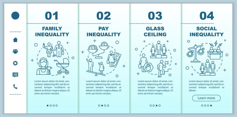 Gender inequality onboarding vector template. Men and women pay gap, glass ceiling, sexes stereotypes. Responsive mobile website with icons. Webpage walkthrough step screens. RGB color concept