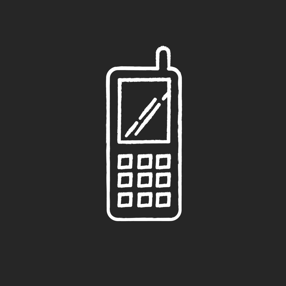 Portable cell phone chalk white icon on black background. Wireless cellular telephone with buttons. Communication device. Mobile phone. Electronic gadget. Isolated vector chalkboard illustration