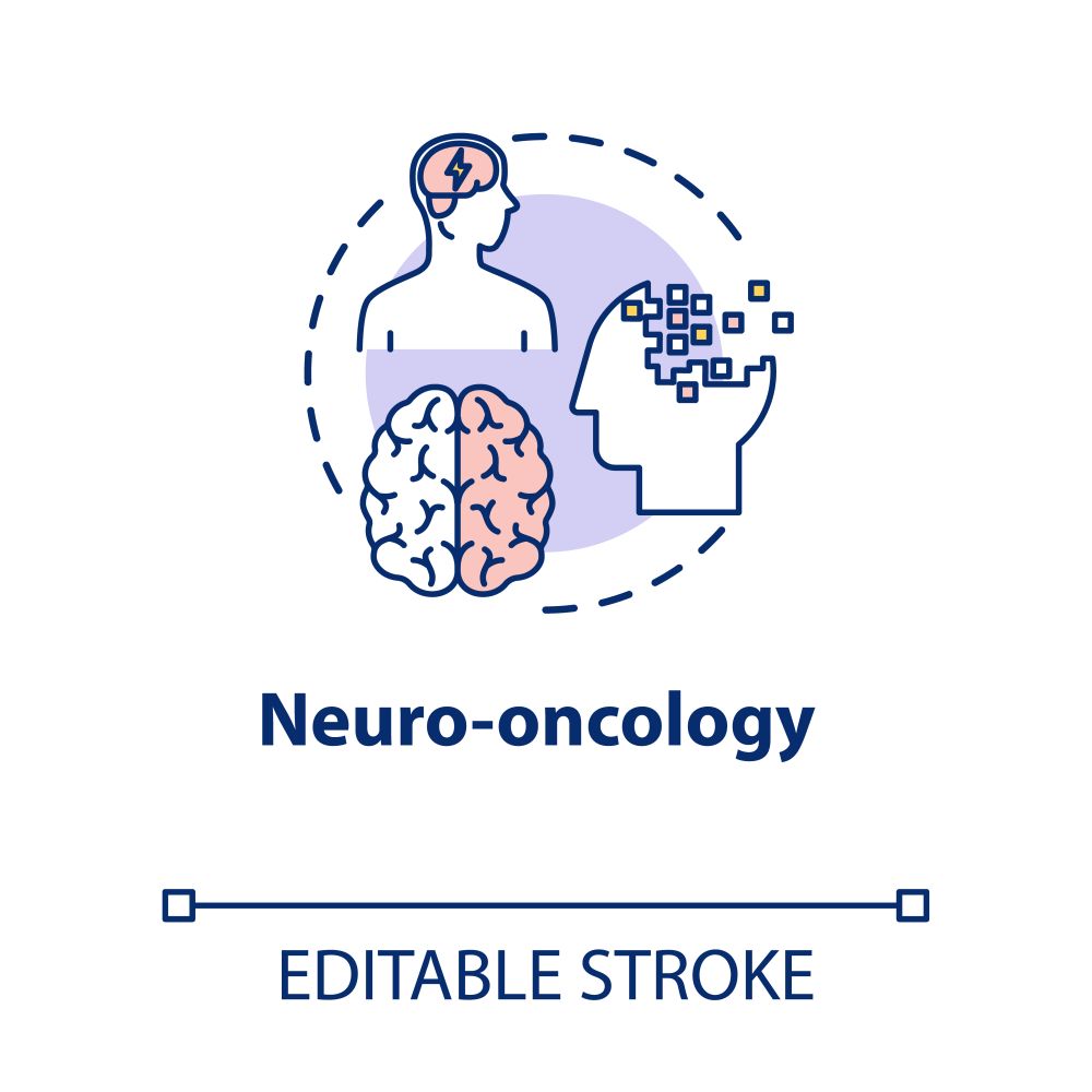 Neuro oncology concept icon. Study of brain neoplasms. Danger of migraine, headache. Neurology and psychology idea thin line illustration. Vector isolated outline RGB color drawing. Editable stroke