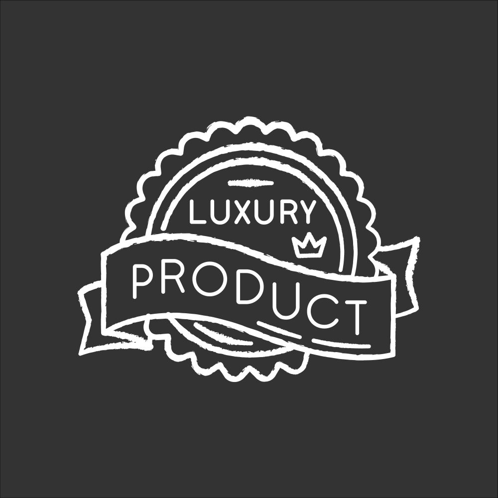 Luxury product chalk white icon on black background. Brand equity, superior status. Expensive premium quality goods badge with crown and banner ribbon isolated vector chalkboard illustration