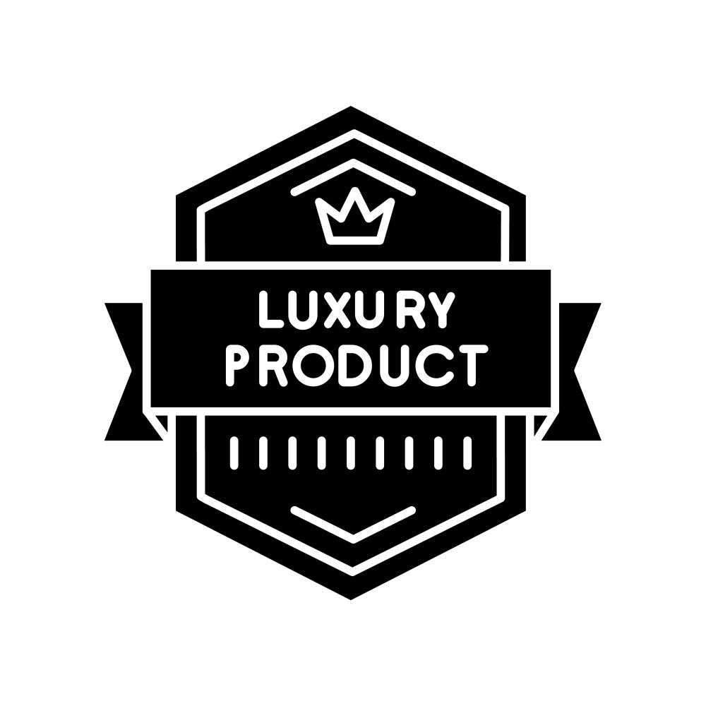 Luxury product black glyph icon. Brand exclusiveness, prestigious status silhouette symbol on white space. Luxurious premium goods badge with crown and banner ribbon vector isolated illustration