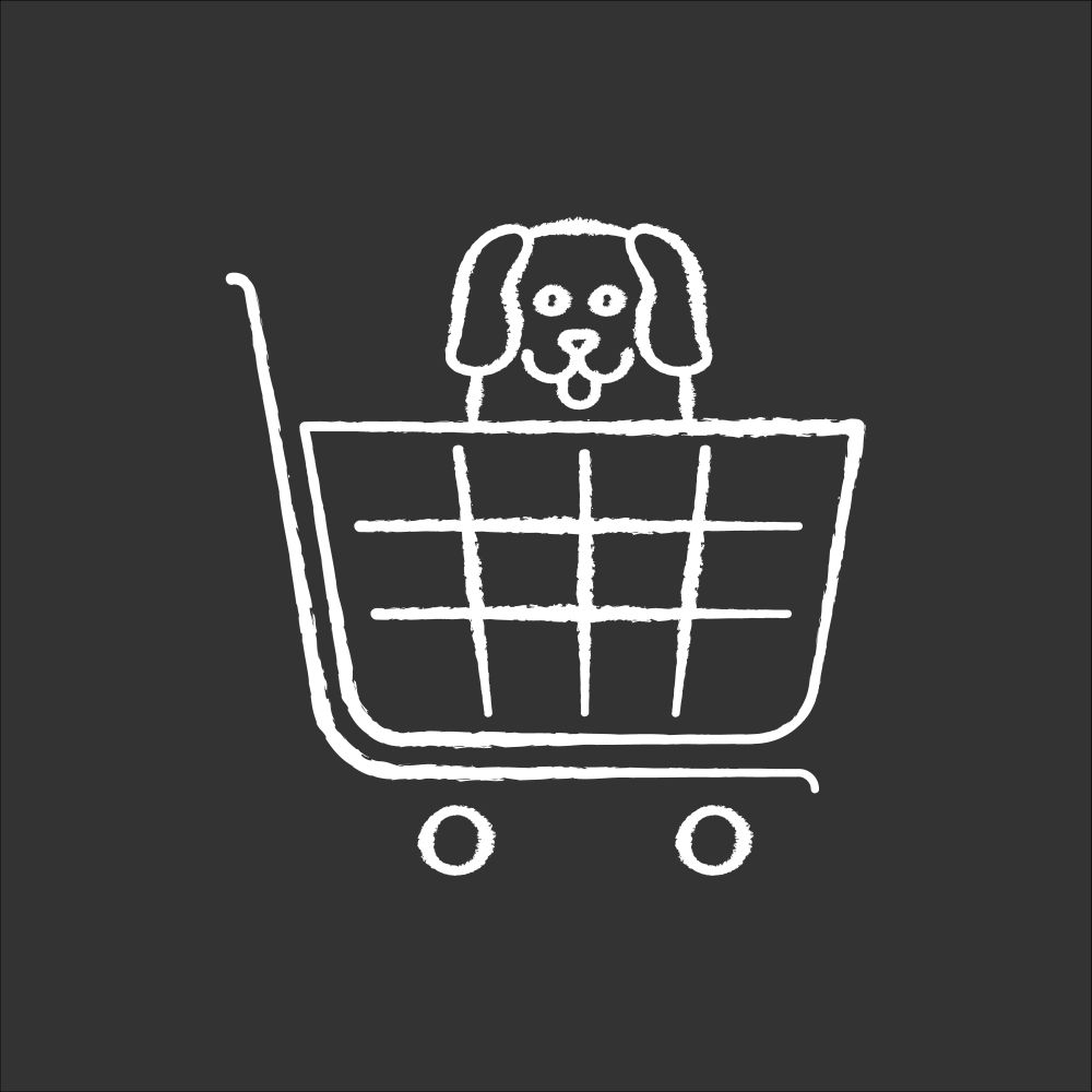 Dogs allowed supermarket, petshop chalk white icon on black background. Doggy permitted shop, domestic animals welcome store. Happy puppy in shopping cart. Isolated vector chalkboard illustration