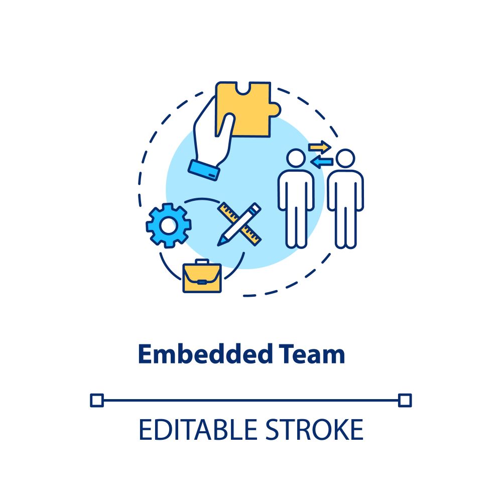 Embedded team concept icon. UX roles involving idea thin line illustration. Staff collaboration type, cross-functionality team. Vector isolated outline RGB color drawing. Editable stroke