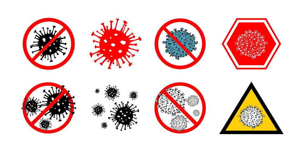 Set of 8 2019-nCoV bacteria isolated on white background. few Coronavirus in red circle vector Icon. COVID-19 bacteria corona virus disease sign. SARS pandemic concept symbol. Pandemic. Human health. Set of 8 2019-nCoV bacteria isolated on white background. few Coronavirus in red circle vector Icon. COVID-19 bacteria corona virus disease sign. SARS pandemic concept symbol. Pandemic. Human health .