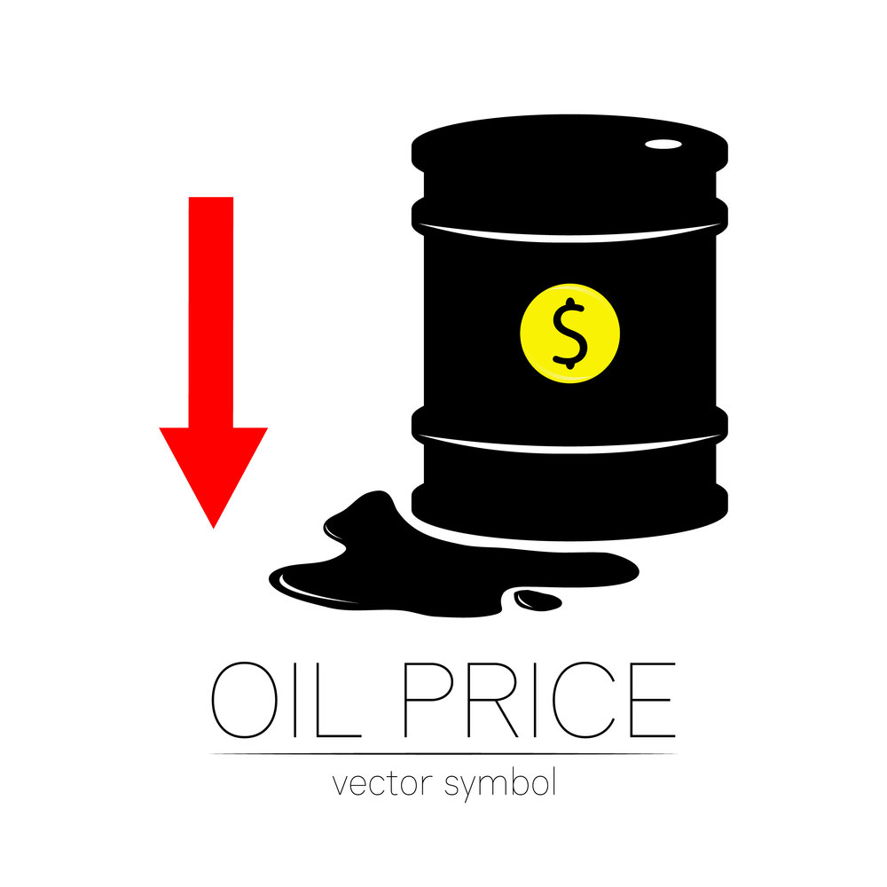 Vector sign of oil. Statistics dollar down, global financial crisis. Black symbol petroleum isolated on white background. Barrel silhouette and spot liguid. Industry of exploration, illustration. Vector sign of oil. Statistics dollar down, global financial crisis. Black symbol petroleum isolated on white background. Barrel silhouette and spot liguid. Industry of exploration, illustration.