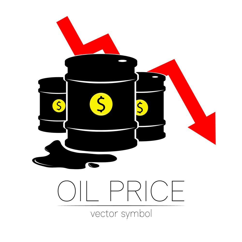 Vector sign of oil. Statistics dollar down, global financial crisis. Black symbol petroleum isolated on white background. Barrel silhouette and spot liguid. Industry of exploration, illustration. Vector sign of oil. Statistics dollar down, global financial crisis. Black symbol petroleum isolated on white background. Barrel silhouette and spot liguid. Industry of exploration, illustration.