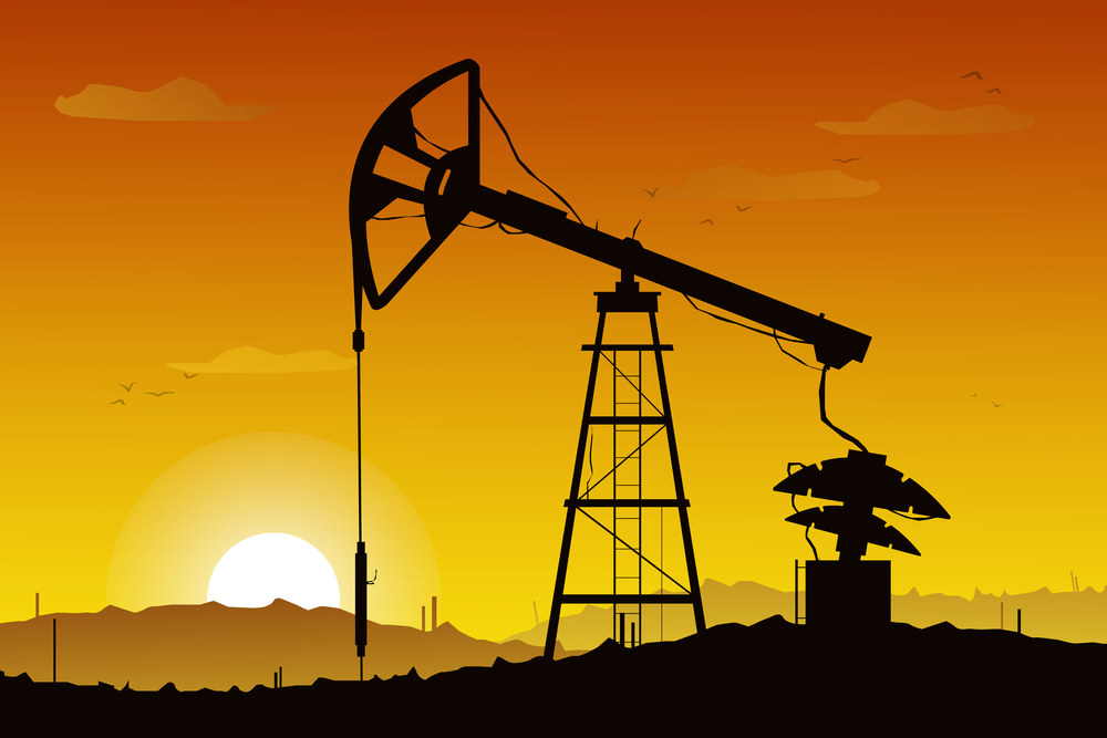 Illustration of oil derrick rig. Black silhouette on gradient sunset background. . Industry of exploration and petrochemical. Petroleum picture. Landscape. Illustration of oil derrick rig. Black silhouette on gradient sunset background. . Industry of exploration and petrochemical. Petroleum picture. Landscape.