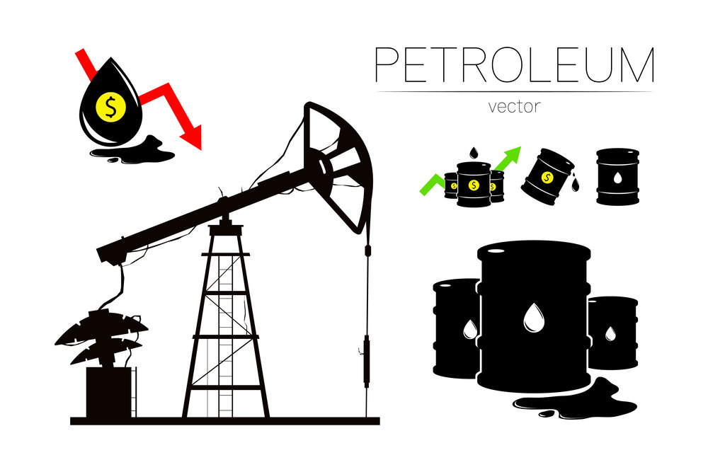 Vector set of 5 sign oil and derrick rig. Black symbol petroleum, dollar money, solated on white background. global financial crisis. Barrel silhouette and spot liguid. Industry of exploration. Vector set of 5 sign oil and derrick rig. Black symbol petroleum, dollar money, solated on white background. global financial crisis. Barrel silhouette and spot liguid. Industry of exploration,