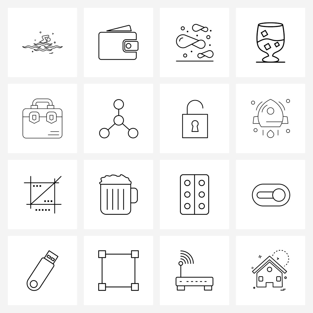 Simple Set of 16 Line Icons such as suit case, case, potato, business, glass Vector Illustration