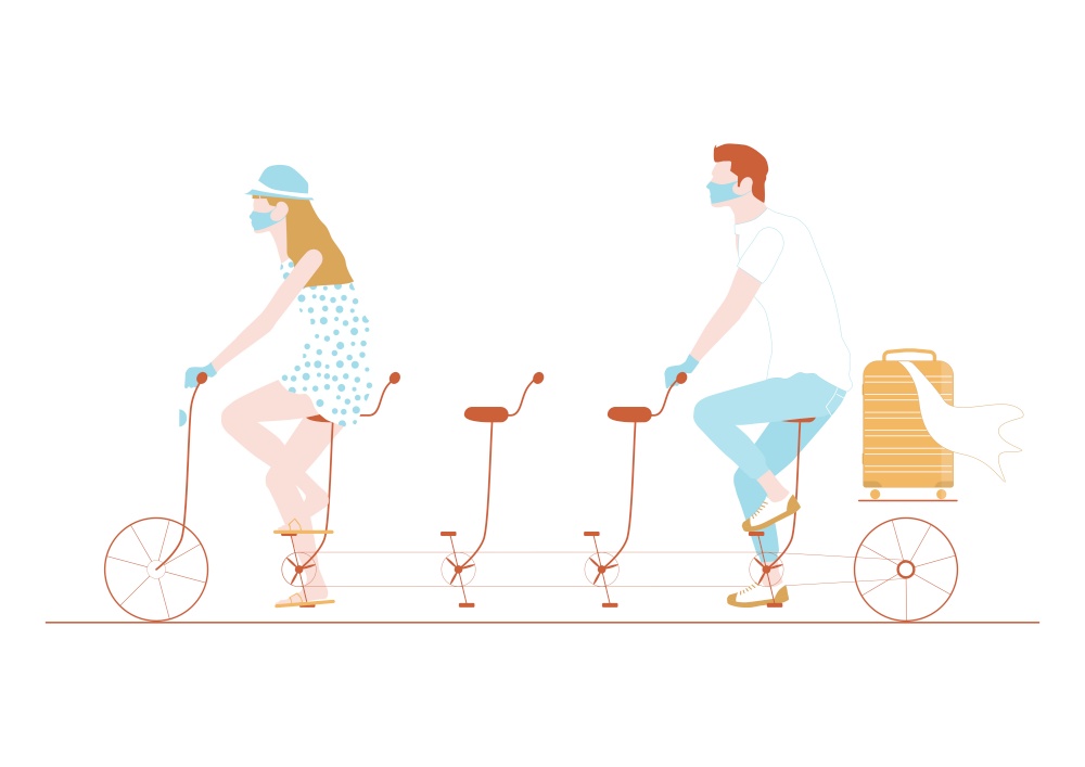 Two people in protective masks riding a tandem with empty spaces between them. Flat vector illustration with muted colors.