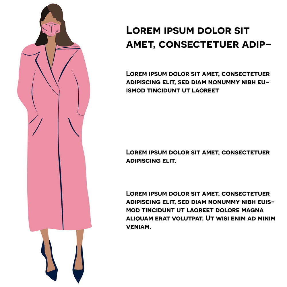 Girl in long pink coat and protective face mask. Latest trend news, fashion bloggers post. Flat cartoon illustration with copyspace on white background. Vector illustration.. Girl in long pink coat and protective face mask. News outbreak blogger