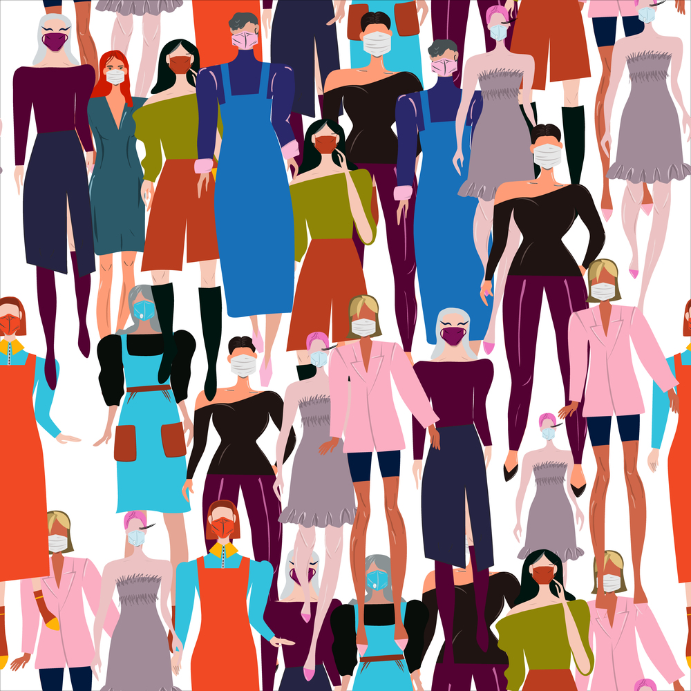 Endless pattern with people wearing protective face mask. Latest trend news, fashion bloggers post. Flat cartoon illustration with copyspace on white background. Vector illustration.. Endless pattern with people wearing protective face mask. News outbreak blogger