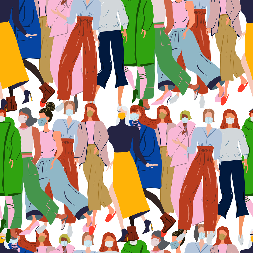 Seamless pattern with crowd wearing protective face mask. Latest trend news, fashion bloggers post. Flat cartoon illustration with copyspace on white background. Vector illustration.. Seamless pattern with crowd wearing protective face mask. News outbreak blogger