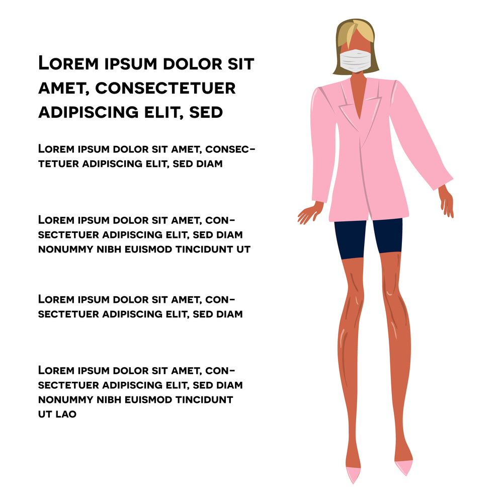 Girl in pink blazer and matching colour protective face mask. Latest trend news, fashion bloggers post. Flat cartoon illustration with copyspace on white background. Vector illustration.. Girl in pink blazer and matching colour protective face mask. News outbreak blogger