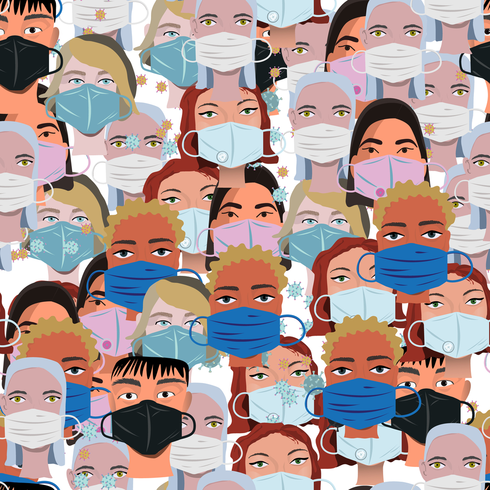 Endless pattern with multinationality faces wearing protective face mask. Latest trend news, fashion bloggers post. Flat cartoon illustration with copyspace on white background. Vector illustration.. Endless pattern with multinationality faces wearing protective face mask.