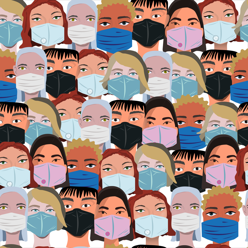 Multinational crowd wearing protective face mask seamless pattern. Latest trend news, fashion bloggers post. Flat cartoon illustration with copyspace on white background. Vector illustration.. Multinational crowd wearing protective face mask seamless pattern.