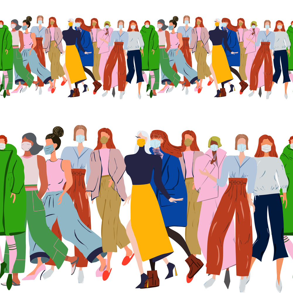 Seamless border with fashion women wearing protective face mask. Latest trend news, fashion bloggers post. Flat cartoon illustration with copyspace on white background. Vector illustration.. Seamless border with fashion women wearing protective face mask.