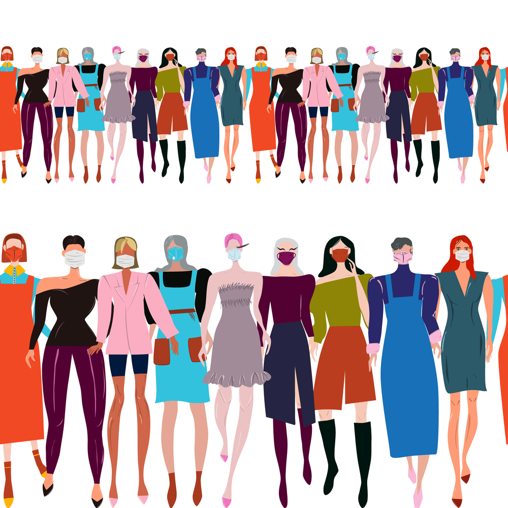 Endless border with Stylish women wearing matching colour protective face mask. Latest trend news, fashion bloggers post. Flat cartoon illustration with copyspace on white background. Vector illustration.. Endless border with Stylish women wearing matching colour protective face mask.
