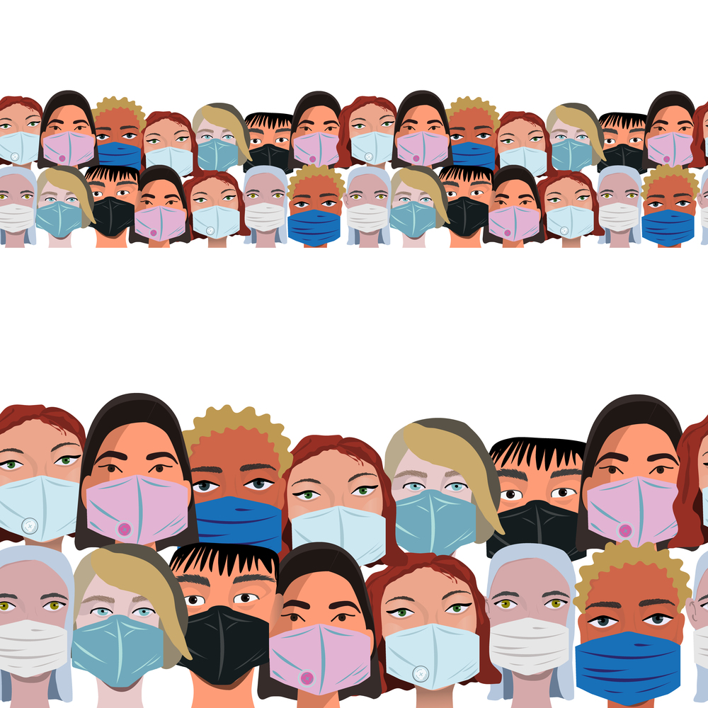 Seamless border with multinational crowd faces wearing protective mask. Latest trend news, fashion bloggers post. Flat cartoon illustration with copyspace on white background. Vector illustration.. Seamless border with multinational crowd faces wearing protective mask.
