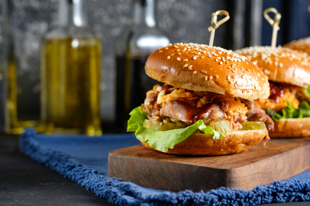 Gourmet Pulled Pork Burger with with Coleslaw and barbecue Sauce