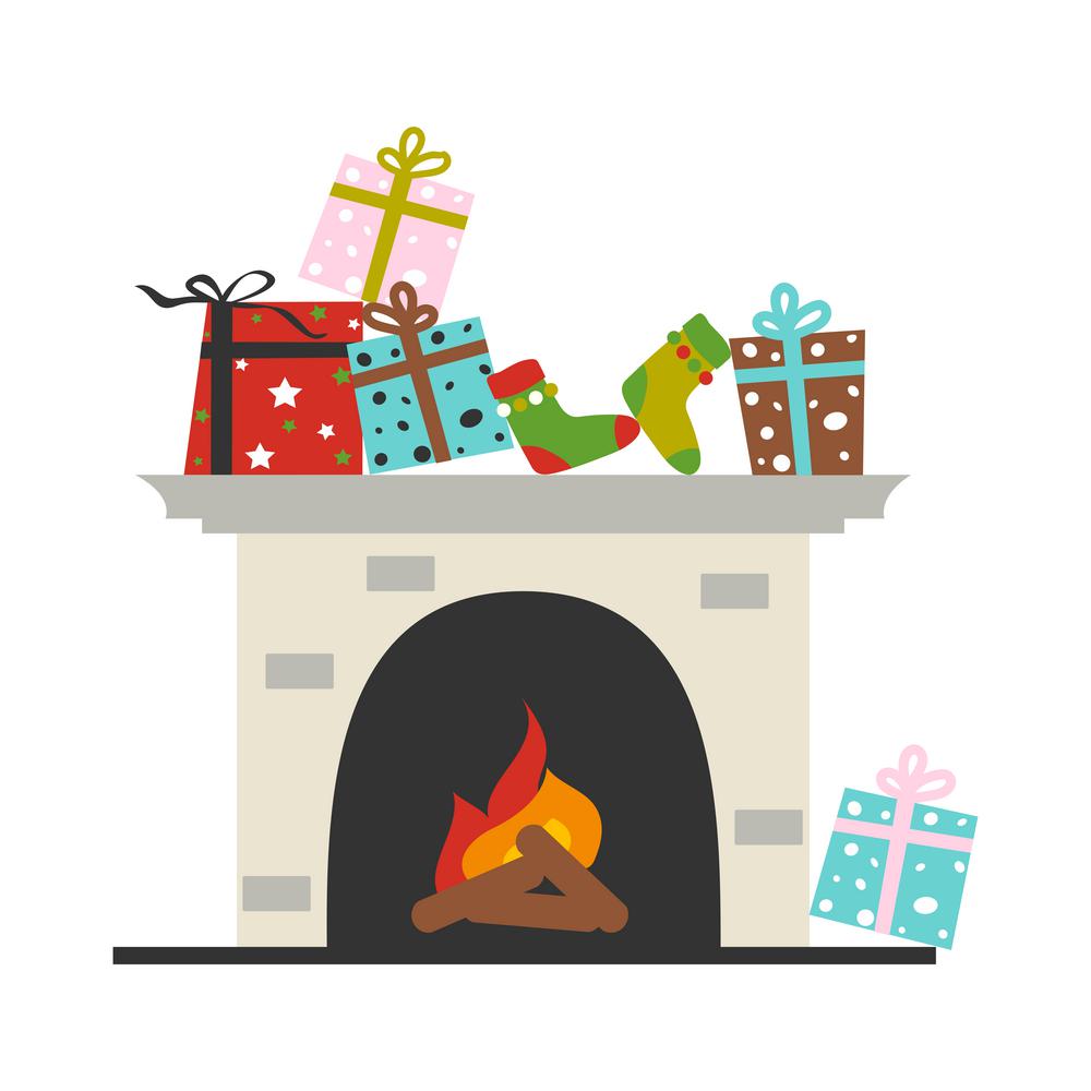 Fireplace with gift box and socks. Merry Christmas and  happy new year decoration vector design