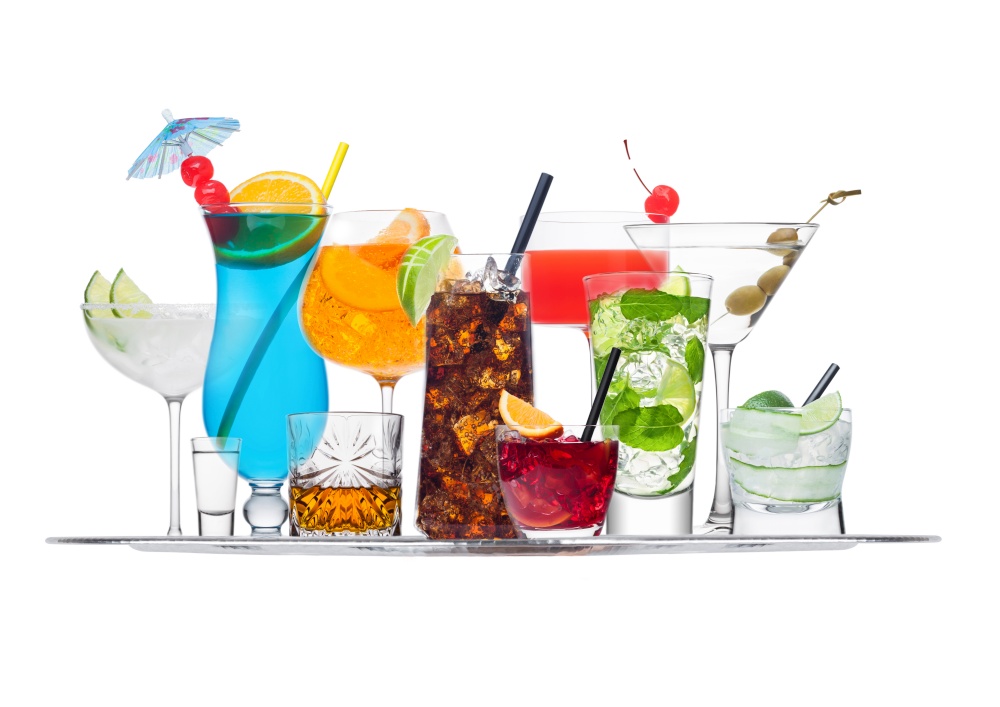 Tray with various cocktails with ice isolated on white background.Blue lagoon, martini, negroni, mojito, spritz, gimlet, cuba libre, cosmopolitan, margarita.