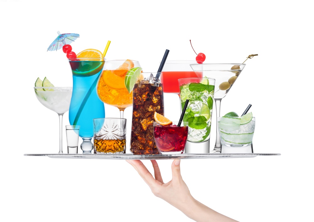 Hand holding tray with various cocktails isolated on white background.Blue lagoon, martini, negroni, mojito, spritz, gimlet, cuba libre, cosmopolitan, margarita.