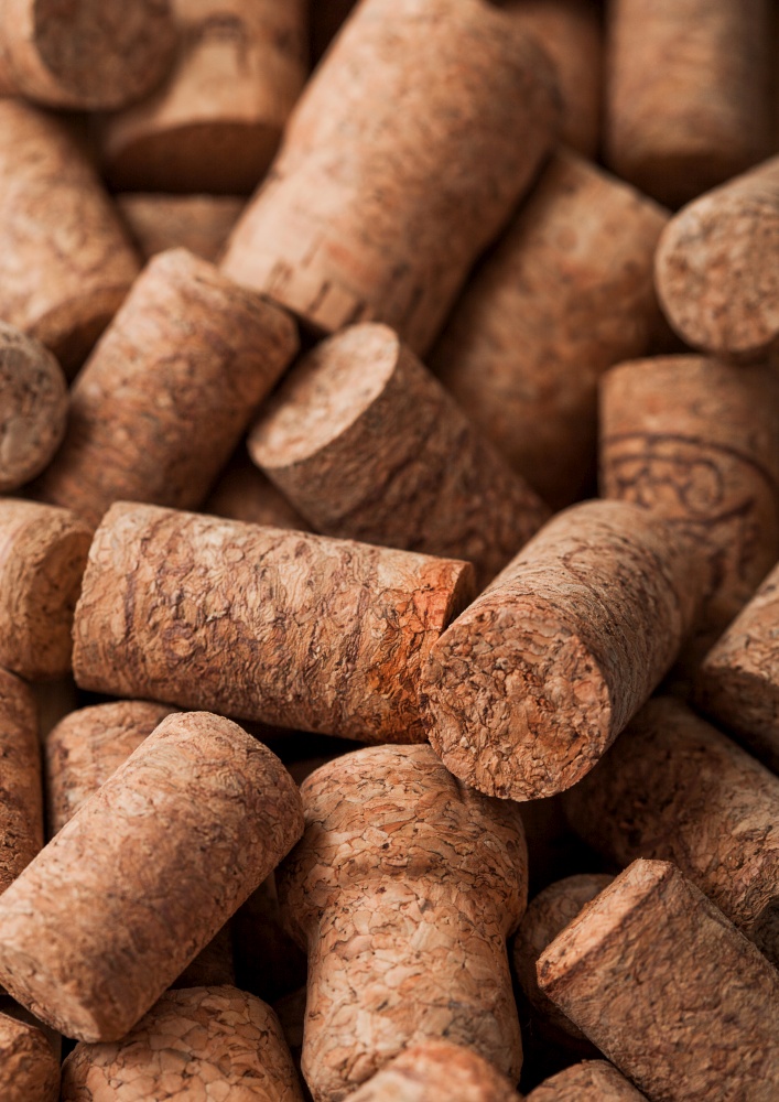 Various macro wine and champagne corks. Top view.