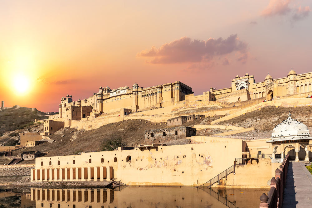 Amber Fort of India, Jaipur, full view at sunset.