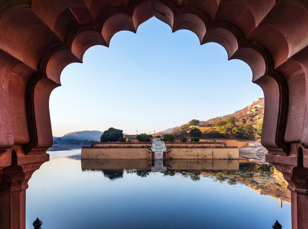 Amber Fort lake through the gates, India, Jaipur.
