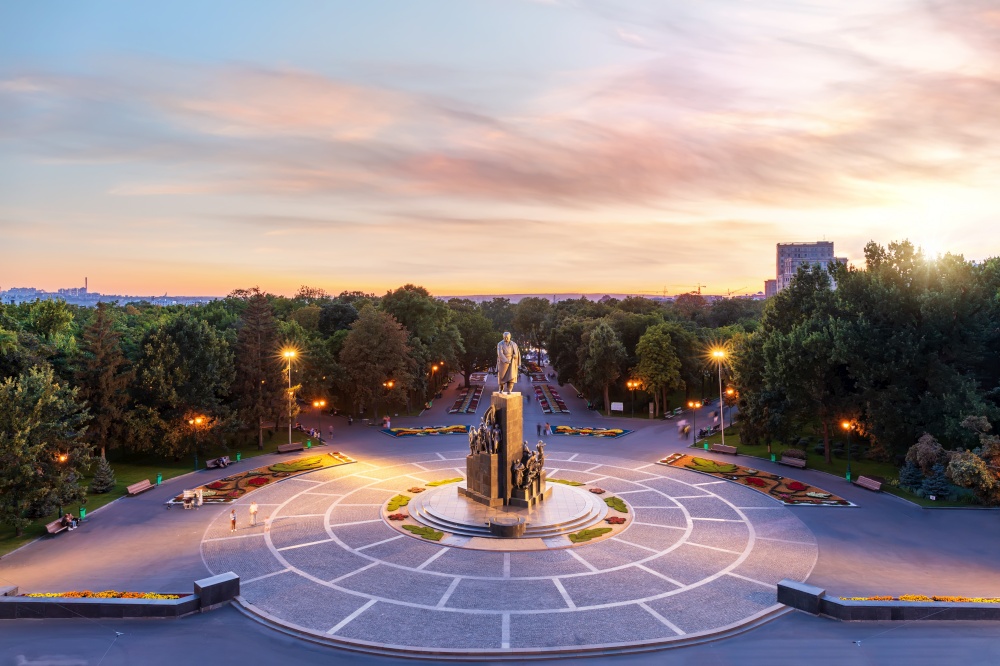 Shevchenko Garden in Kharkiv, sunset aerial view.