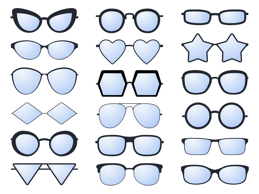 Glasses silhouette. Various eyeglasses frames for men and women fashionable sunglasses. Optical vision glasses of different shapes isolated vector eyewear set. Glasses silhouette. Various eyeglasses frames for men and women fashionable sunglasses. Optical vision glasses of different shapes vector set
