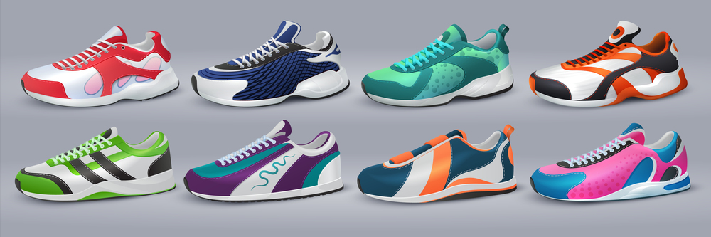 Realistic sneakers. Footwear and training shoes, fashion sport shopping, various colorful shoes. Vector illustration sport shoes isolated set for healthy lifestyle symbol. Realistic sneakers. Footwear and training shoes, fashion sport shopping, various colorful shoes. Vector sport shoes isolated set