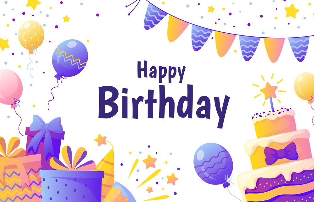 Happy birthday banner. Invitation card for party with colorful decoration elements, color balloons and confetti. Vector poster template, background illustrations happiness holiday with gifts. Happy birthday banner. Invitation card for party with colorful decoration elements, balloons and confetti. Vector poster template