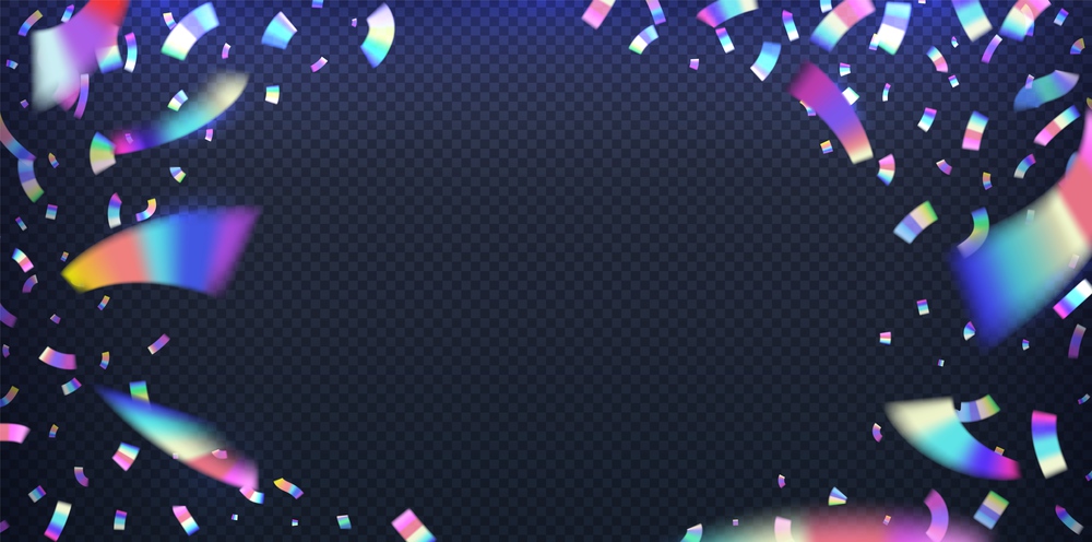 Neon foil. Glitter metal foil effect, hologram iridescent confetti with pink and blue neon light. Vector rainbow shiny glitch, falling confetti blurred ribbons on transparent background. Neon foil. Glitter metal foil effect, hologram iridescent confetti with pink and blue neon light. Vector rainbow glitch