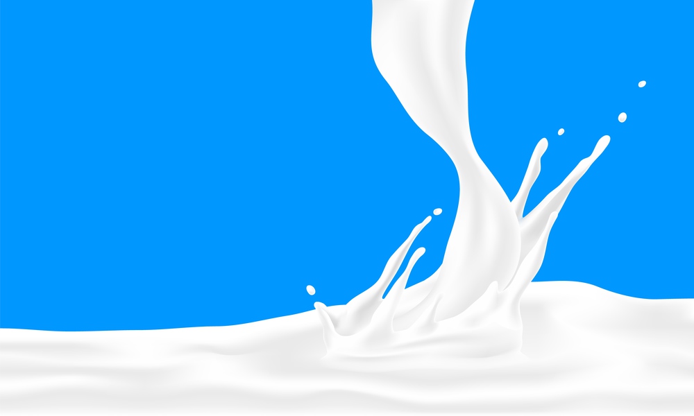 Milk splash background. White cream wave with crown and drops, realistic 3D yogurt flaw. Vector pouring liquid dessert design template on blue. Milk splash background. White cream wave with crown and drops, realistic 3D yogurt flaw. Vector liquid dessert design template