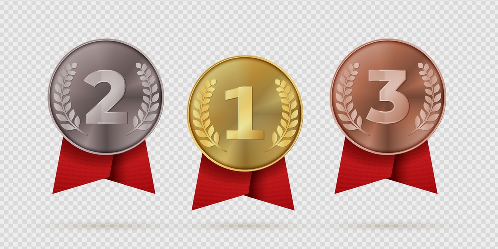 Gold, silver, bronze champion medal with red ribbon. First, second, third placement achievement bages. Realistic vector illustration medals of metal like symbol motivation or quality. Gold, silver, bronze champion medal with red ribbon. First, second, third placement achievement bages. Realistic vector illustration