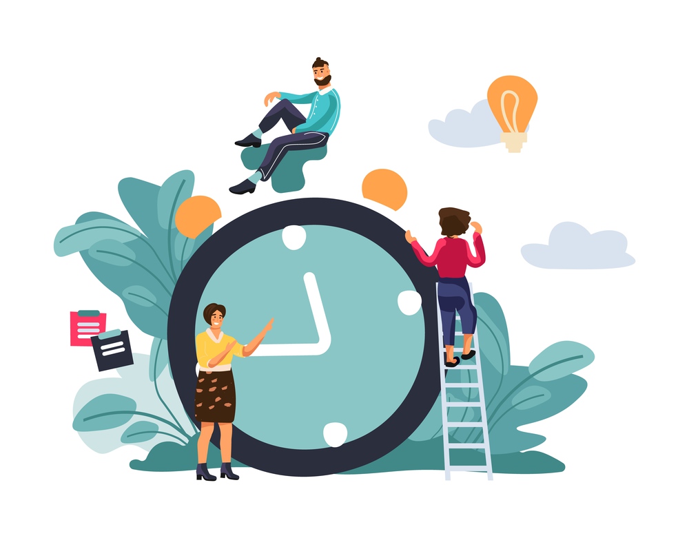 Time management concept. Scene with effective multitasking at work. Vector cartoon quick reaction awakening concept for site layout or network illustrations landing technology. Time managemant concept. Scene with effective multitasking at work. Vector cartoon quick reaction awakening concept