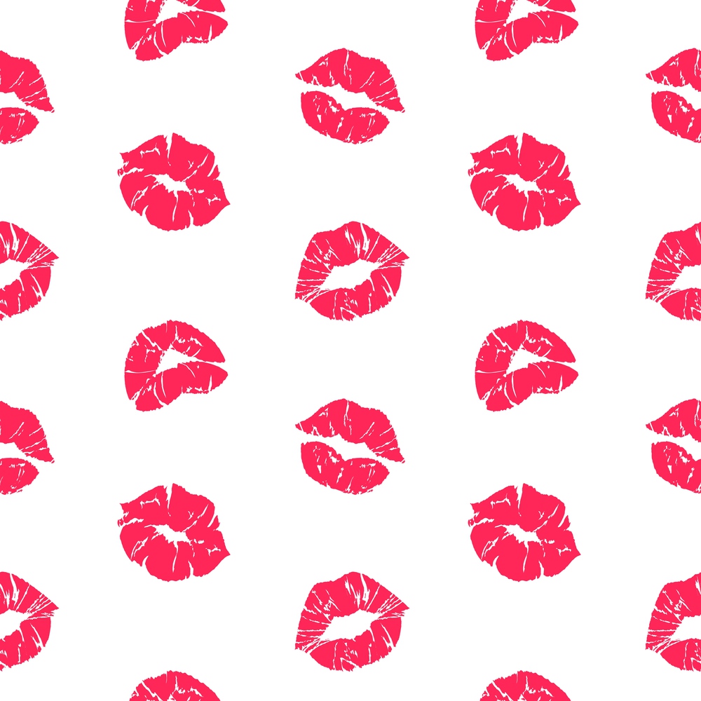 Lipstick kiss pattern. Woman lips with grunge texture, red female mouth seamless texture. Vector romantic matt textures print nice designs template on white background. Lipstick kiss pattern. Woman lips with grunge texture, red female mouth seamless texture. Vector romantic print template