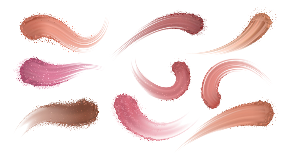 Realistic eyeshadow powder. Makeup blush and eye shadow, cosmetic stroke texture, swatch trace samples. Vector dry powder sample set, how touch smear shadow to eyes. Realistic eyeshadow powder. Makeup blush and eye shadow, cosmetic stroke texture, swatch trace samples. Vector dry powder set