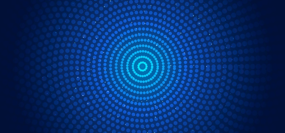Abstract horizontal banner web template circles pattern connections dots and glowing particles blue background. Technology futuristic concept. Vector illustration