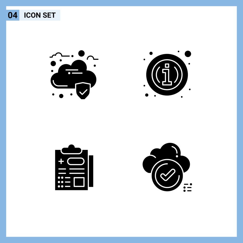 Mobile Interface Solid Glyph Set of Pictograms of cloud, report, about, information, tick Editable Vector Design Elements